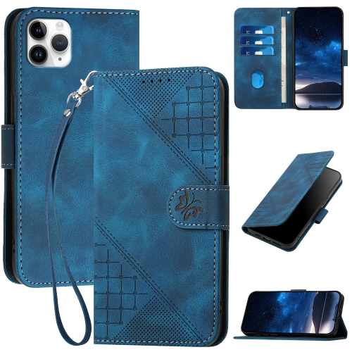 

For iPhone 11 Pro Max YX0080 Grid Butterfly Embossed Pattern Flip Leather Phone Case with Lanyard(Dark Blue)