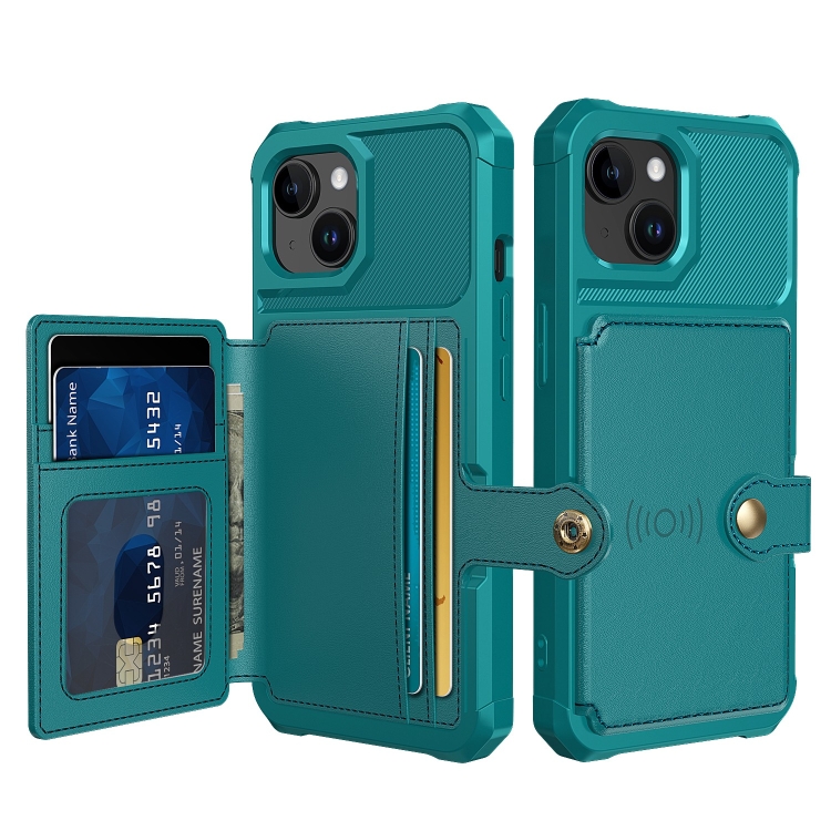 

For iPhone 15 Plus Magnetic Wallet Card Bag Leather Phone Case(Cyan)