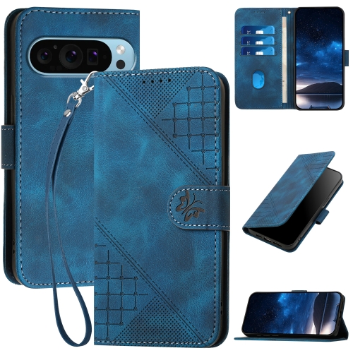 

For Google Pixel 9 Pro XL YX0080 Grid Butterfly Embossed Pattern Flip Leather Phone Case with Lanyard(Dark Blue)