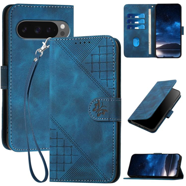 

For Google Pixel 10 Pro XL Grid Butterfly Embossed Pattern Leather Phone Case with Lanyard(Dark Blue)