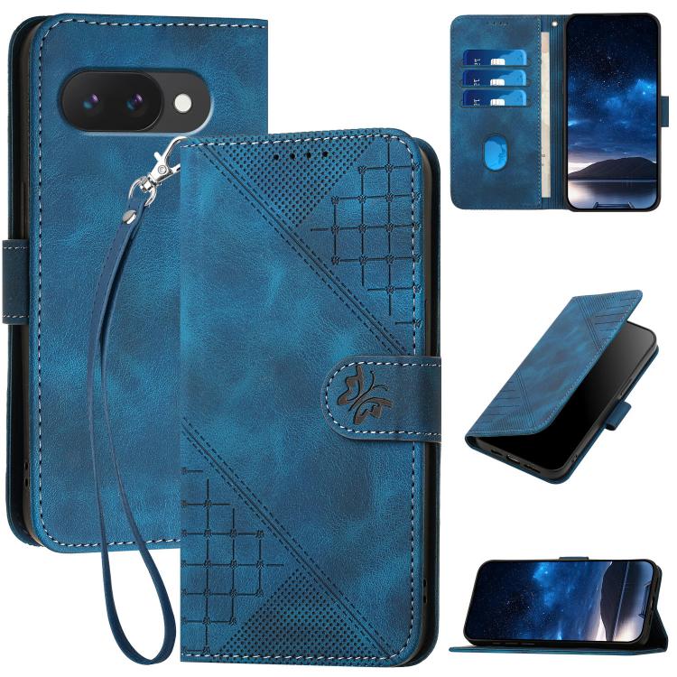 

For Google Pixel 10a Grid Butterfly Embossed Pattern Leather Phone Case with Lanyard(Dark Blue)