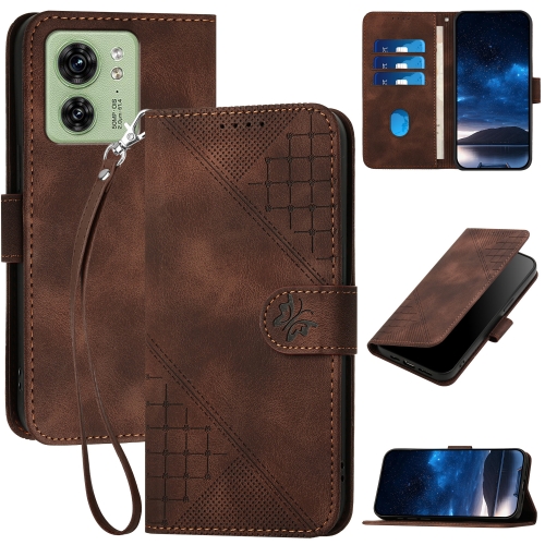 

For Motorola Edge 40 Grid Butterfly Embossed Pattern Leather Phone Case with Lanyard(Coffee)