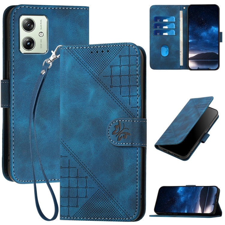 

For Motorola Moto G54 5G Global YX0080 Grid Butterfly Embossed Pattern Flip Leather Phone Case with Lanyard(Dark Blue)