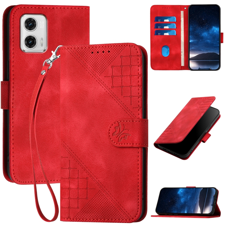

For Motorola Moto G73 Grid Butterfly Embossed Pattern Leather Phone Case with Lanyard(Red)