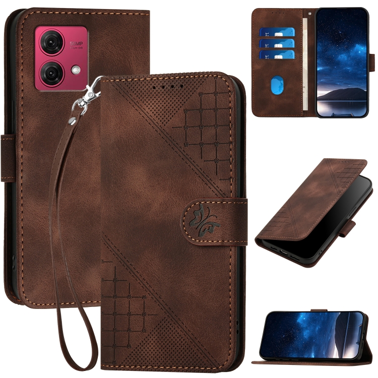 

For Motorola Moto G84 5G Grid Butterfly Embossed Pattern Leather Phone Case with Lanyard(Coffee)