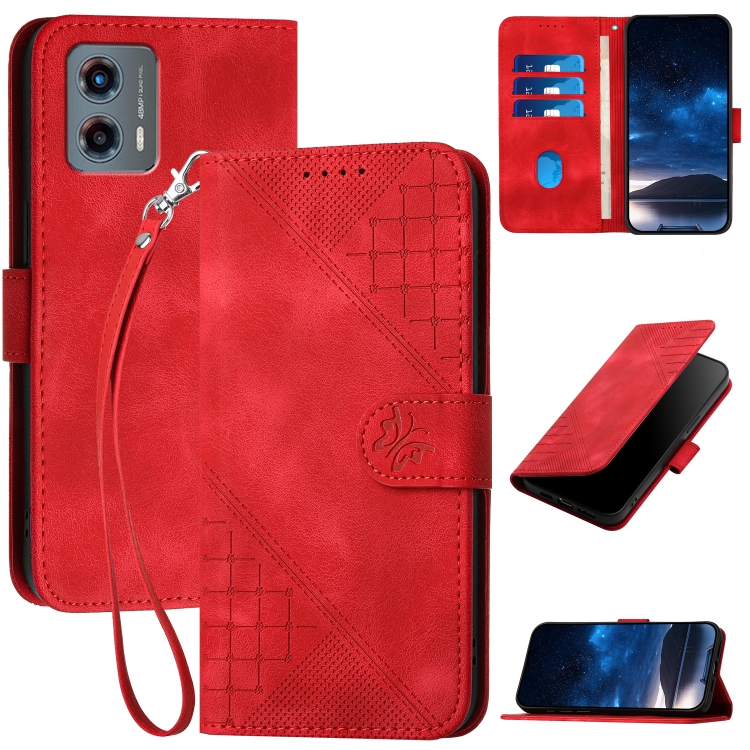 

For Motorola Moto G 5G 2023 Grid Butterfly Embossed Pattern Leather Phone Case with Lanyard(Red)