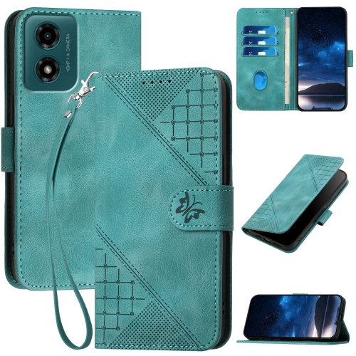 

For Motorola Moto G24 4G Global Grid Butterfly Embossed Pattern Leather Phone Case with Lanyard(Light Blue)