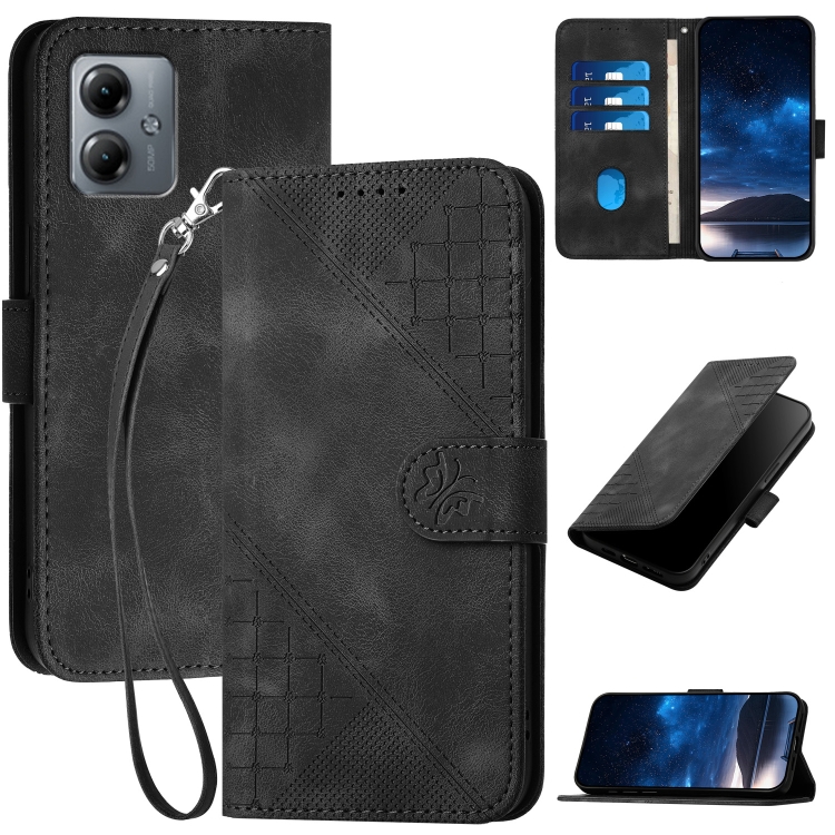 

For Motorola Moto G14 Grid Butterfly Embossed Pattern Leather Phone Case with Lanyard(Black)