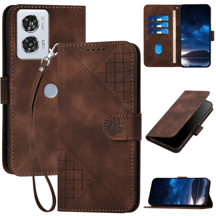 

For Motorola Edge 50 Fusion 5G Global Grid Butterfly Embossed Pattern Leather Phone Case with Lanyard(Coffee)