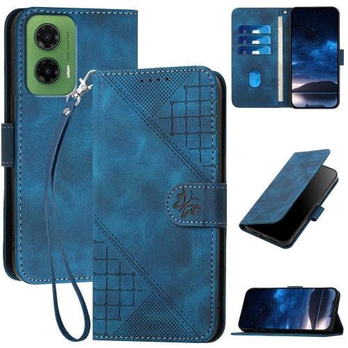 

For Motorola Moto G35 YX0080 Grid Butterfly Embossed Pattern Flip Leather Phone Case with Lanyard(Dark Blue)