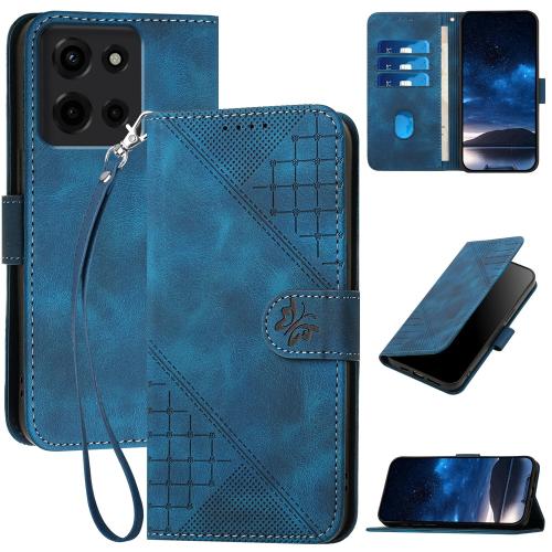 

For Motorola Moto G 2025 Grid Butterfly Embossed Pattern Leather Phone Case with Lanyard(Dark Blue)