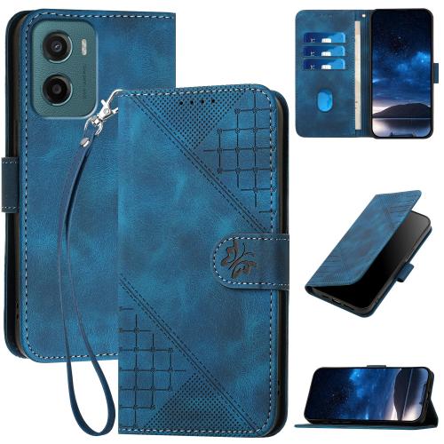 

For Motorola Moto G05 Grid Butterfly Embossed Pattern Leather Phone Case with Lanyard(Dark Blue)