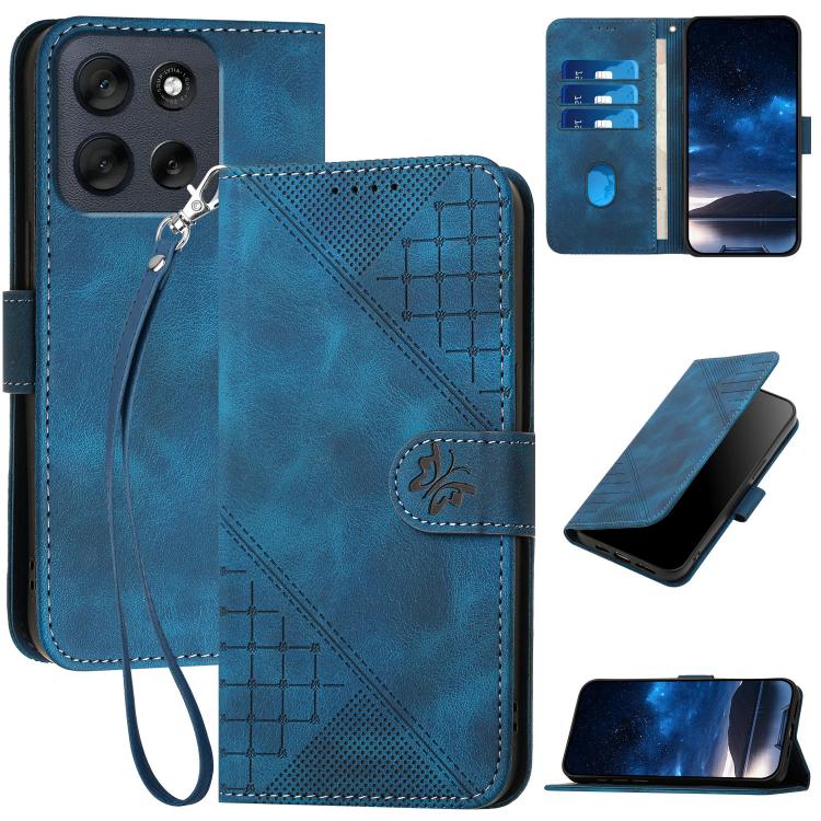 

For Motorola Moto G56 5G Grid Butterfly Embossed Pattern Leather Phone Case with Lanyard(Dark Blue)