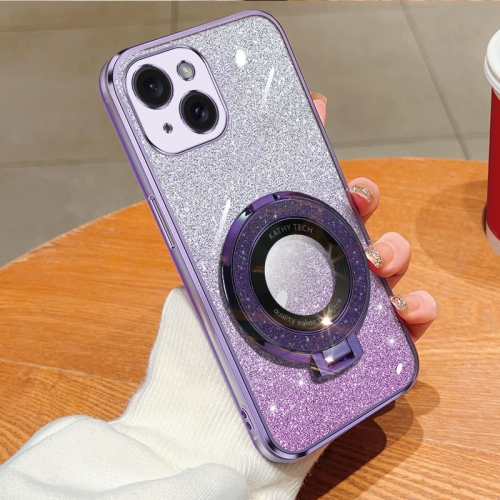 

For iPhone 15 Plated Gradient Glitter Round Holder TPU Phone Case(Purple)
