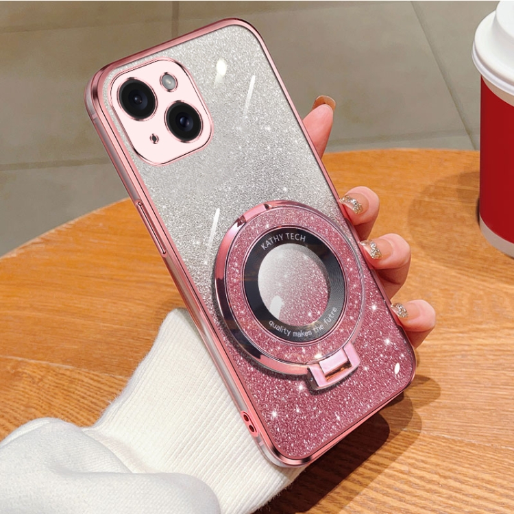

For iPhone 14 Plated Gradient Glitter Round Holder TPU Phone Case(Pink)