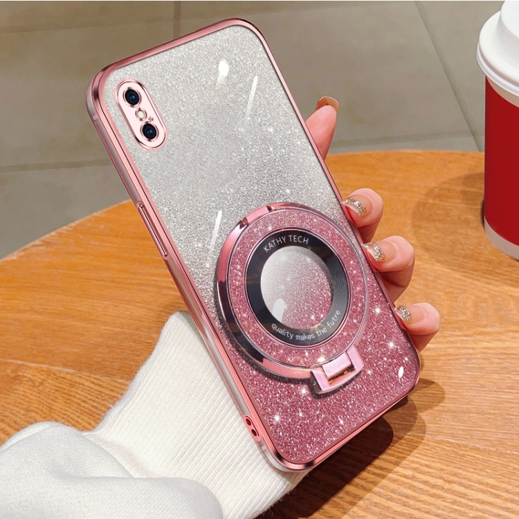 

For iPhone X / XS Plated Gradient Glitter Round Holder TPU Phone Case(Pink)