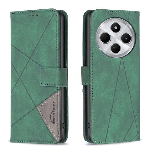 

For Redmi 14C 4G Magnetic Buckle Rhombus Texture Leather Phone Case(Green)