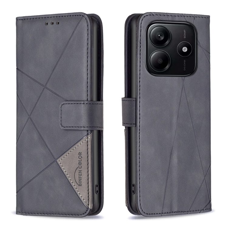 

For Redmi Note 14 5G Magnetic Buckle Rhombus Texture Leather Phone Case(Black)
