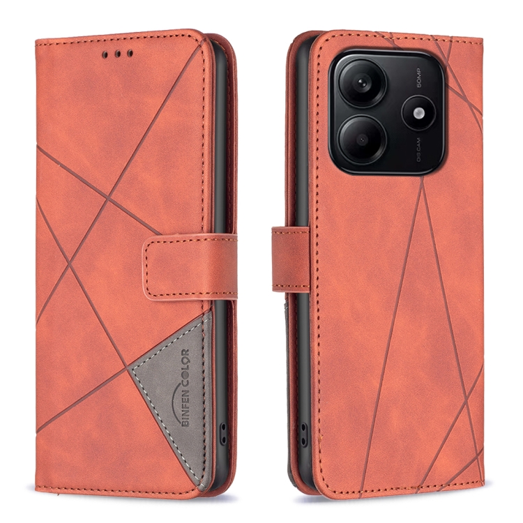 

For Redmi Note 14 5G Magnetic Buckle Rhombus Texture Leather Phone Case(Brown)