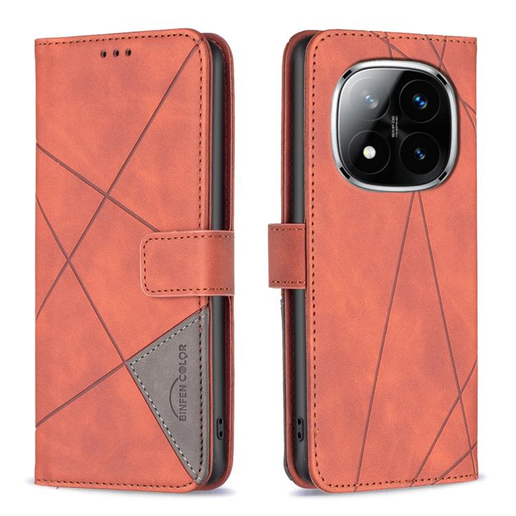 

For Redmi Note 14 Pro 4G Magnetic Buckle Rhombus Texture Leather Phone Case(Brown)