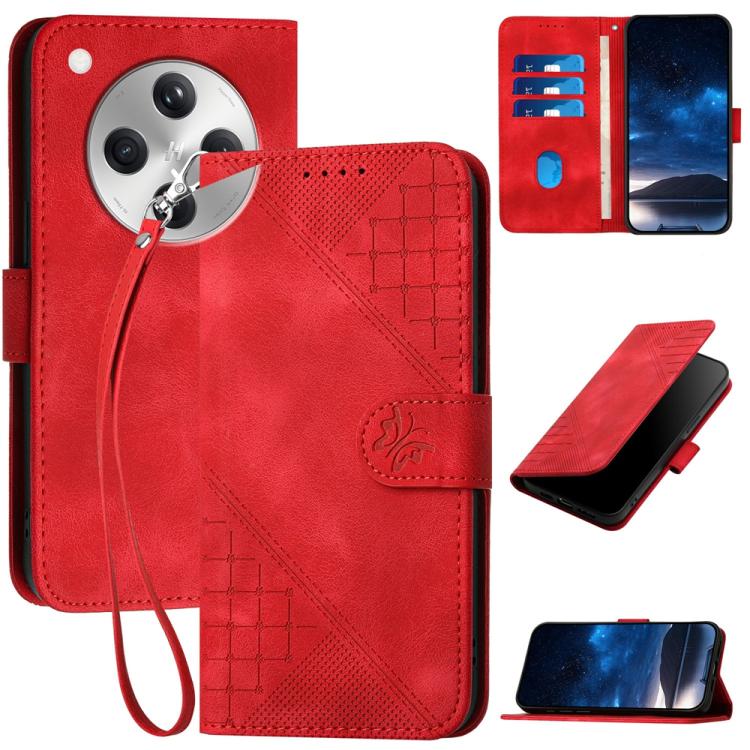 

For OPPO Find X8 Grid Butterfly Embossed Pattern Leather Phone Case with Lanyard(Red)
