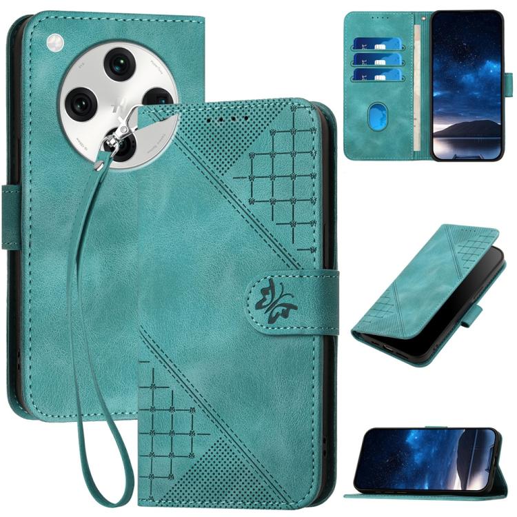 

For OPPO Find X8 Pro Grid Butterfly Embossed Pattern Leather Phone Case with Lanyard(Light Blue)