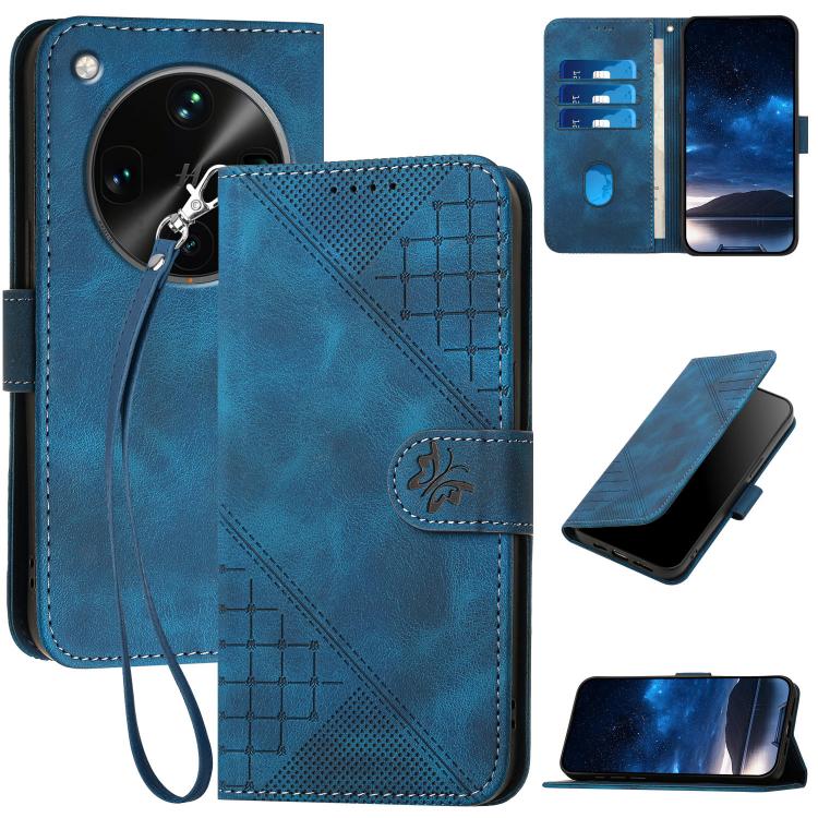 

For OPPO Find X8 Ultra Grid Butterfly Embossed Pattern Leather Phone Case with Lanyard(Dark Blue)