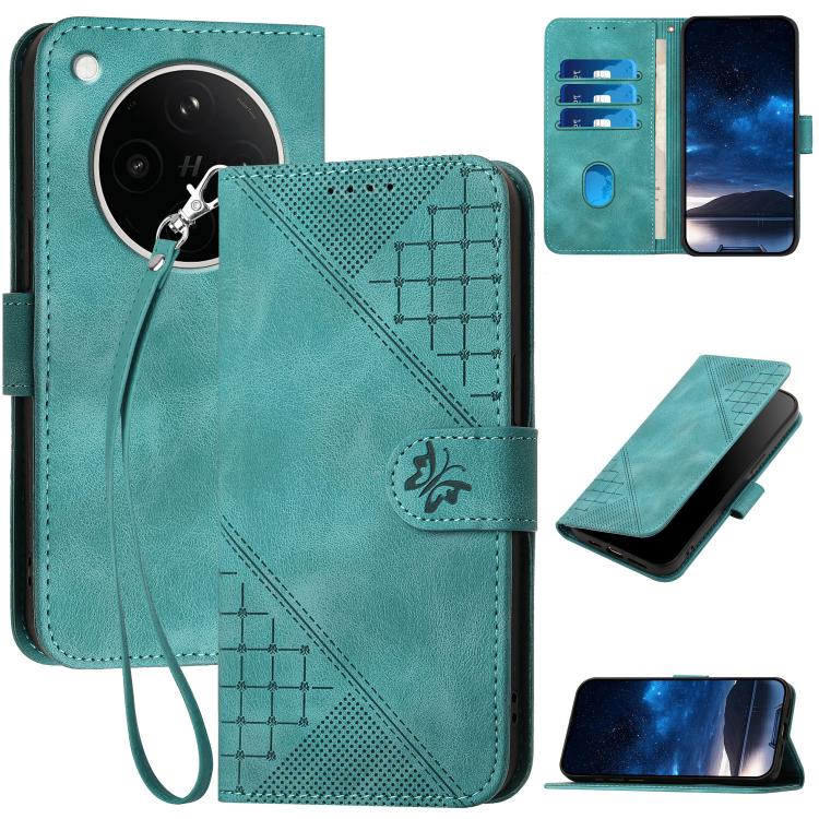 

For OPPO Find X8s+ Grid Butterfly Embossed Pattern Leather Phone Case with Lanyard(Light Blue)