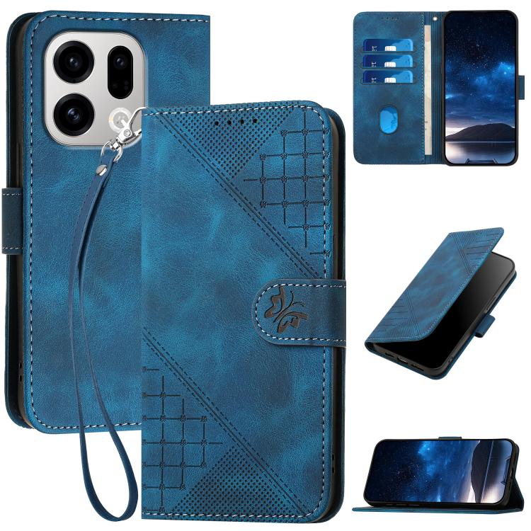 

For OPPO Find X9 Grid Butterfly Embossed Pattern Leather Phone Case with Lanyard(Dark Blue)