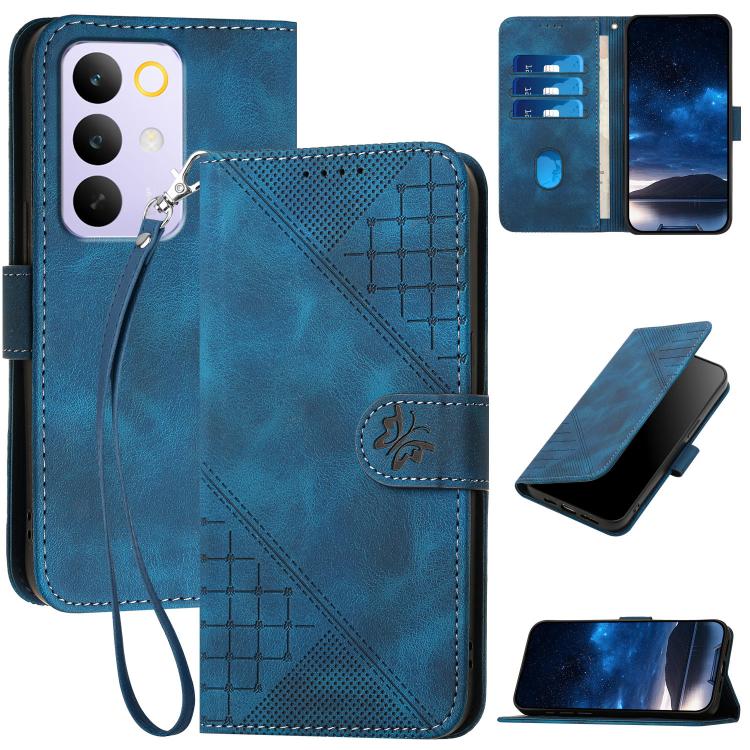 

For Realme 15x 5G India / Realme C85 5G Grid Butterfly Embossed Pattern Leather Phone Case with Lanyard(Dark Blue)
