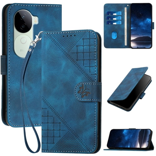 

For vivo iQOO Z9s / V40e India YX0080 Grid Butterfly Embossed Pattern Flip Leather Phone Case with Lanyard(Dark Blue)