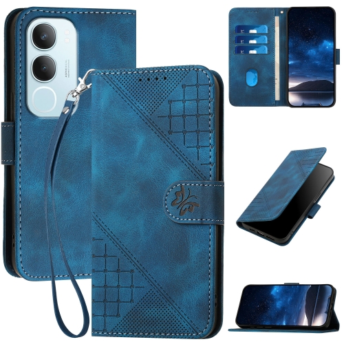 

For vivo Y19s Global Grid Butterfly Embossed Pattern Leather Phone Case with Lanyard(Dark Blue)