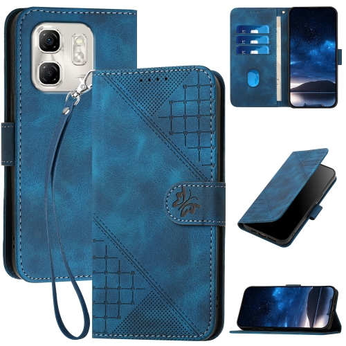 

For Infinix Hot 50i / Smart 9 YX0080 Grid Butterfly Embossed Pattern Flip Leather Phone Case with Lanyard(Dark Blue)