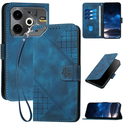 

For Tecno Pova 6 Neo YX0080 Grid Butterfly Embossed Pattern Flip Leather Phone Case with Lanyard(Dark Blue)