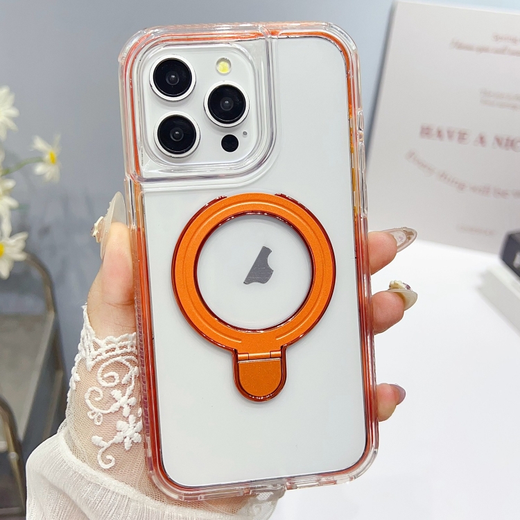 

For iPhone 15 Pro Max Translucent 3 in 1 Holder MagSafe Phone Case(Orange)