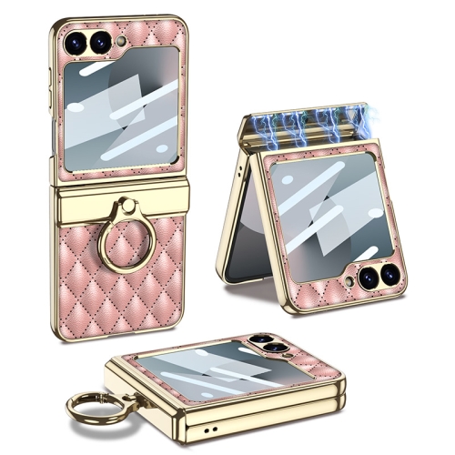 

For Samsung Galaxy Z Flip6 GKK Rhombus Pattern Integrated Electroplated Leather Phone Case with Ring(Pink)