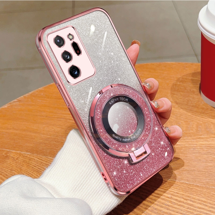 

For Samsung Galaxy Note20 Ultra Plated Gradient Glitter Round Holder TPU Phone Case(Pink)