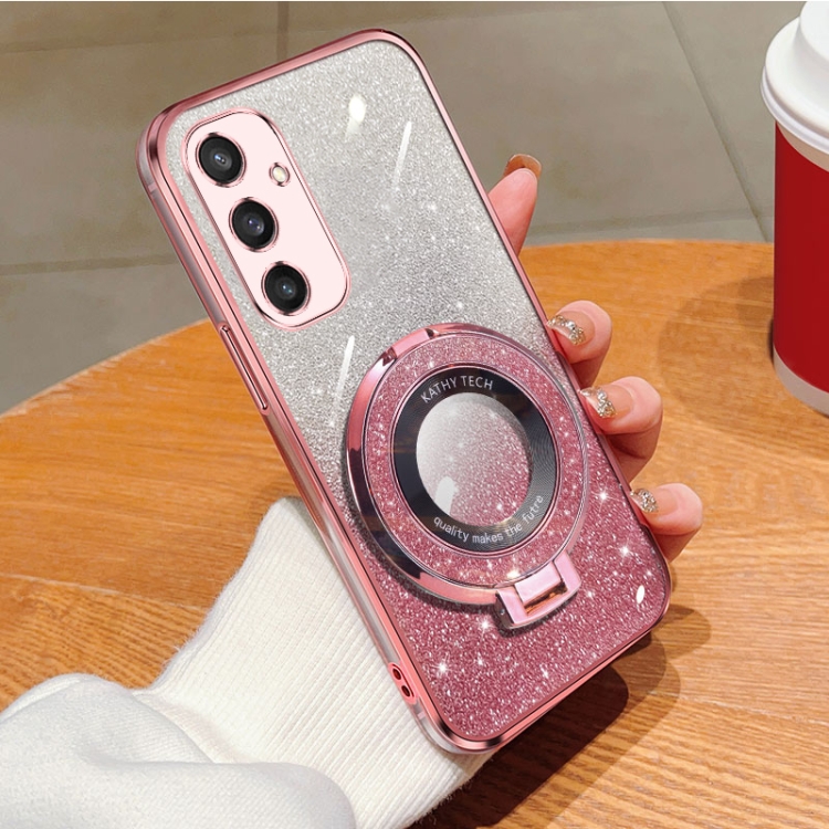 

For Samsung Galaxy S24 5G Plated Gradient Glitter Round Holder TPU Phone Case(Pink)