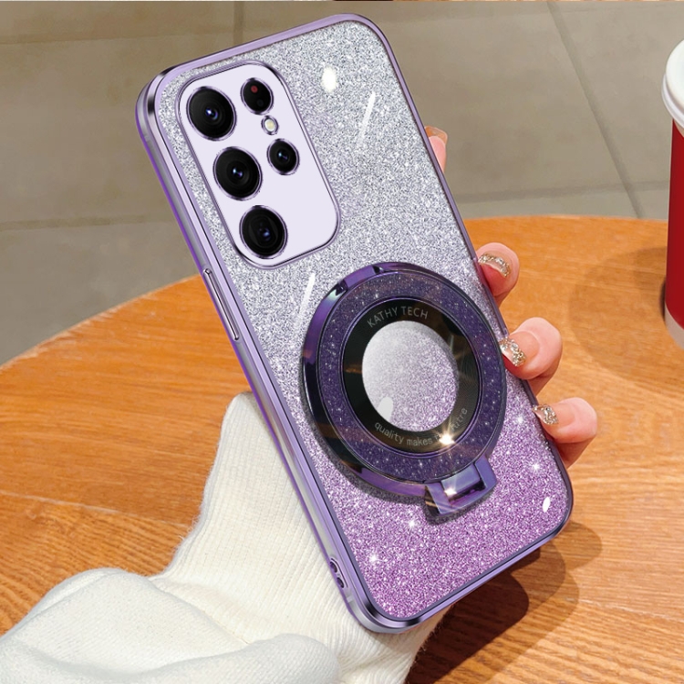 

For Samsung Galaxy S23 Ultra 5G Plated Gradient Glitter Round Holder TPU Phone Case(Purple)