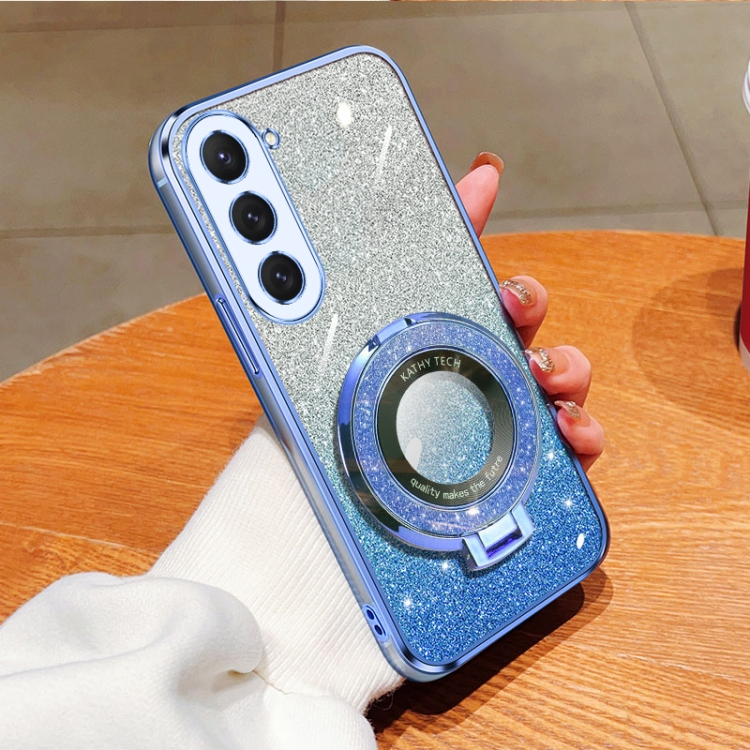 

For Samsung Galaxy S23+ 5G Plated Gradient Glitter Round Holder TPU Phone Case(Sierra Blue)