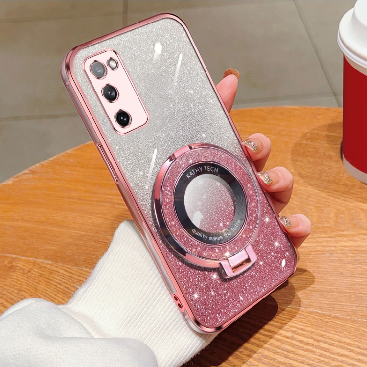 

For Samsung Galaxy S20 FE Plated Gradient Glitter Round Holder TPU Phone Case(Pink)