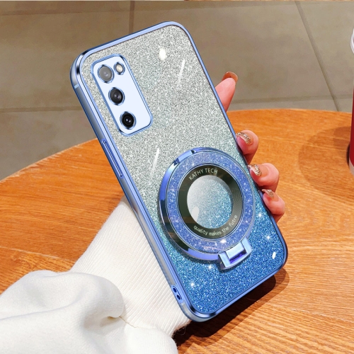 

For Samsung Galaxy S20 FE Plated Gradient Glitter Round Holder TPU Phone Case(Sierra Blue)