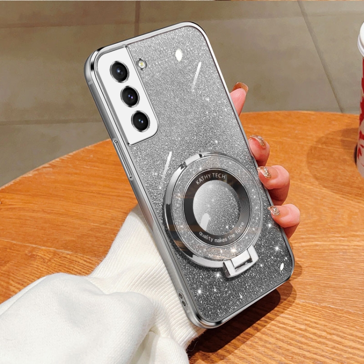 

For Samsung Galaxy S22 5G Plated Gradient Glitter Round Holder TPU Phone Case(Silver)