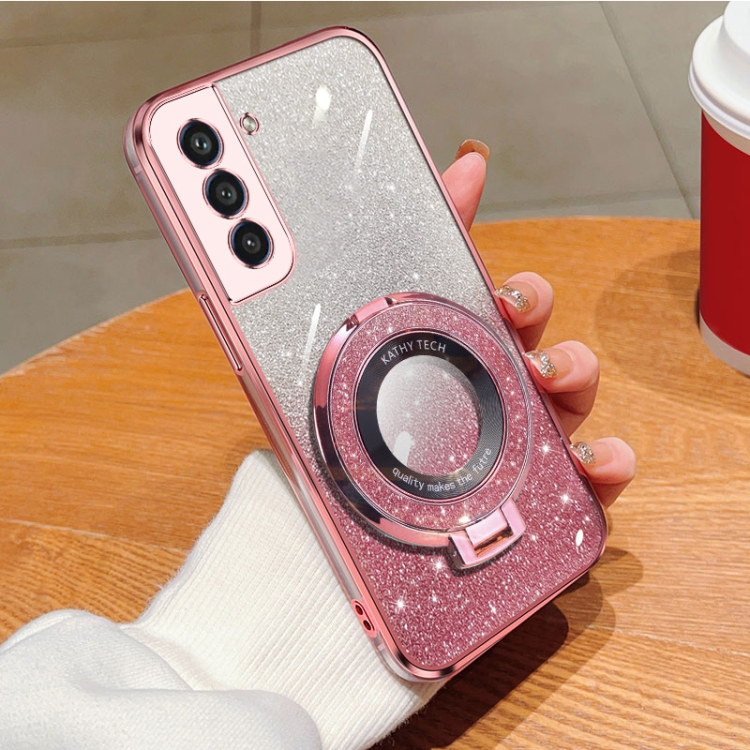 

For Samsung Galaxy S21 FE 5G Plated Gradient Glitter Round Holder TPU Phone Case(Pink)
