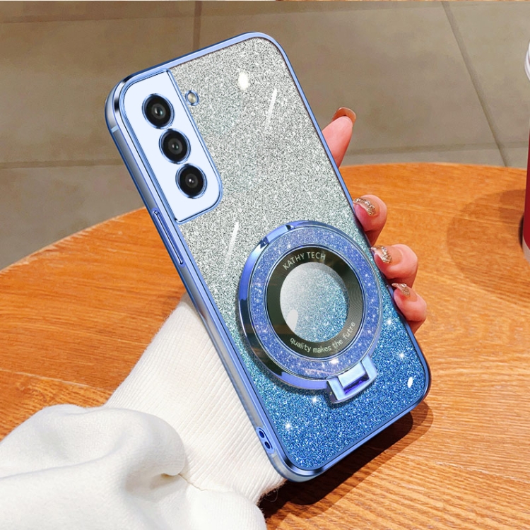 

For Samsung Galaxy S21 FE 5G Plated Gradient Glitter Round Holder TPU Phone Case(Sierra Blue)