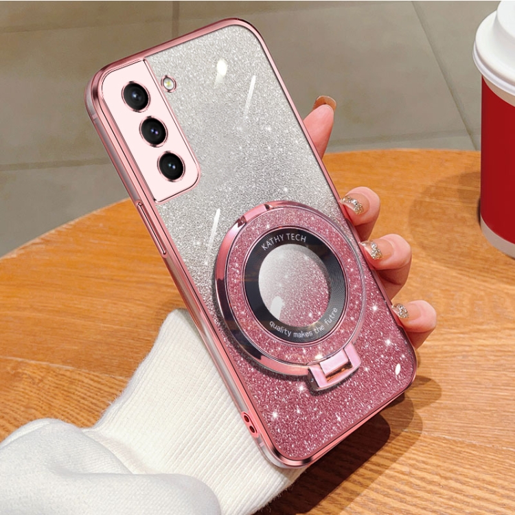

For Samsung Galaxy S21 5G Plated Gradient Glitter Round Holder TPU Phone Case(Pink)