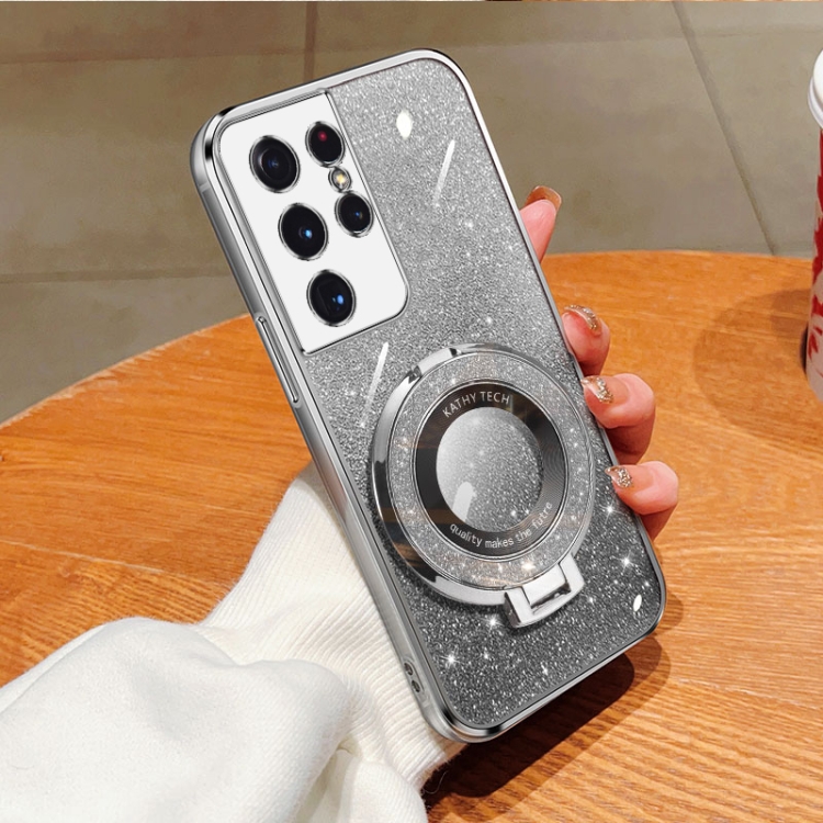 

For Samsung Galaxy S21 Ultra 5G Plated Gradient Glitter Round Holder TPU Phone Case(Silver)