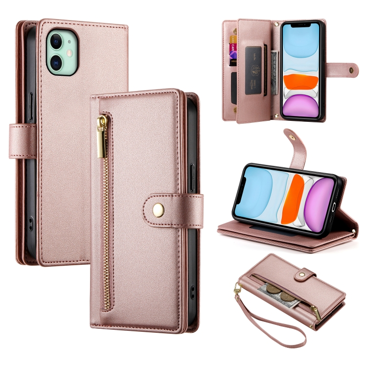 

For iPhone 11 Nine Card-slot Zipper Wallet Bag Leather Phone Case(Pink)