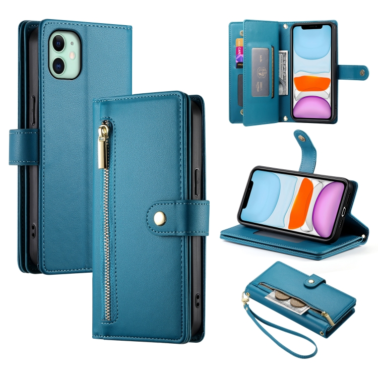 

For iPhone 11 Nine Card-slot Zipper Wallet Bag Leather Phone Case(Blue)