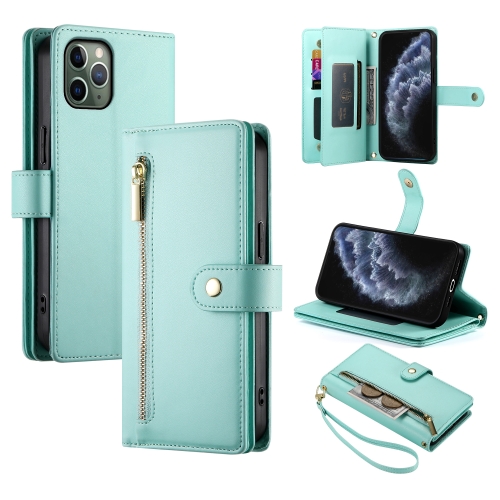 

For iPhone 11 Pro Nine Card-slot Zipper Wallet Bag Leather Phone Case(Mint Green)